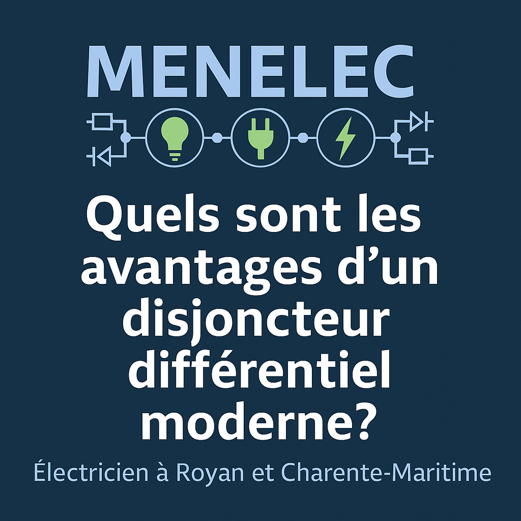 Logo MENELEC avec icônes électriques et message : “Quels sont les avantages d’un disjoncteur différentiel moderne ?”, illustrant l’expertise d’un électricien à Royan et en Charente-Maritime.