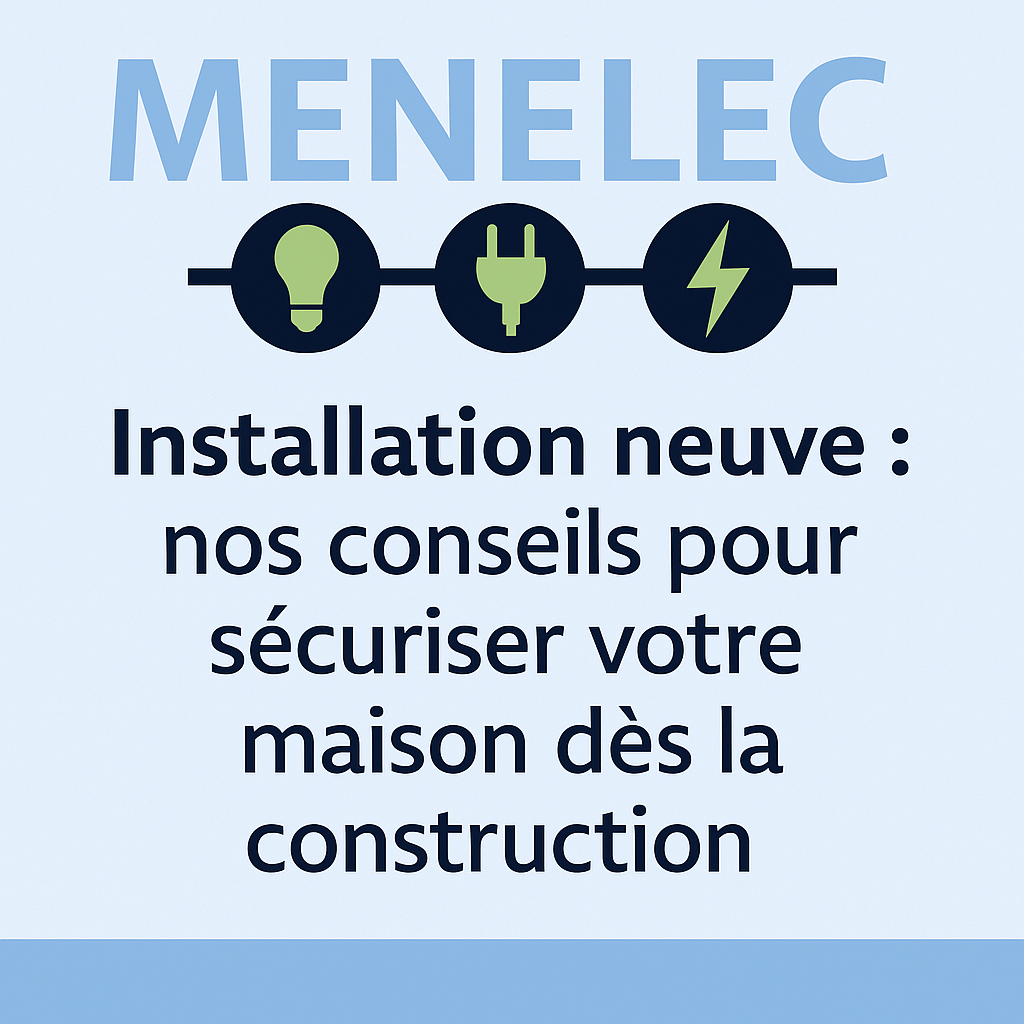 Logo MENELEC avec le message “Installation neuve : nos conseils pour sécuriser votre maison dès la construction” – électricien à Royan et en Charente-Maritime.