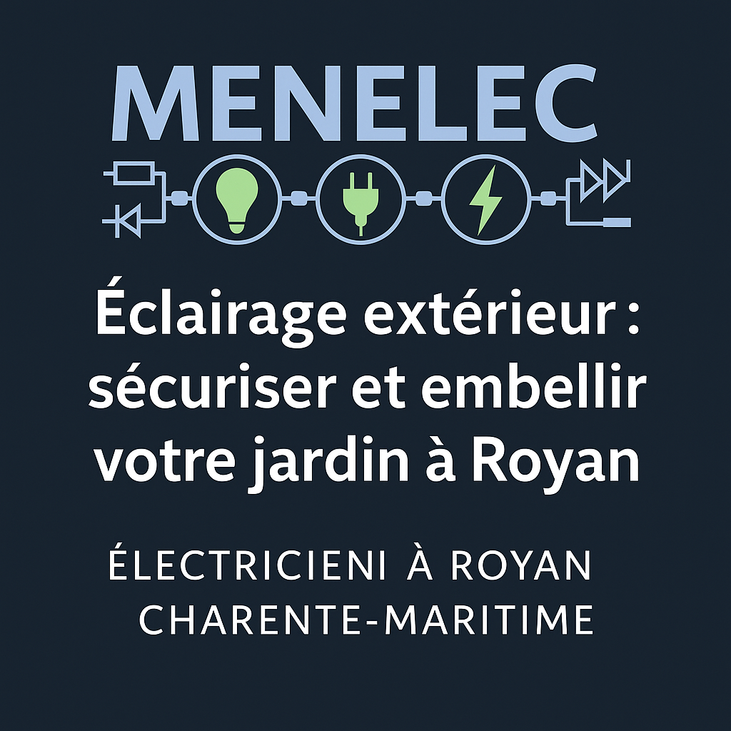 Logo MENELEC et visuel d’un jardin éclairé la nuit à Royan, illustrant une installation d’éclairage extérieur LED réalisée par un électricien en Charente-Maritime.