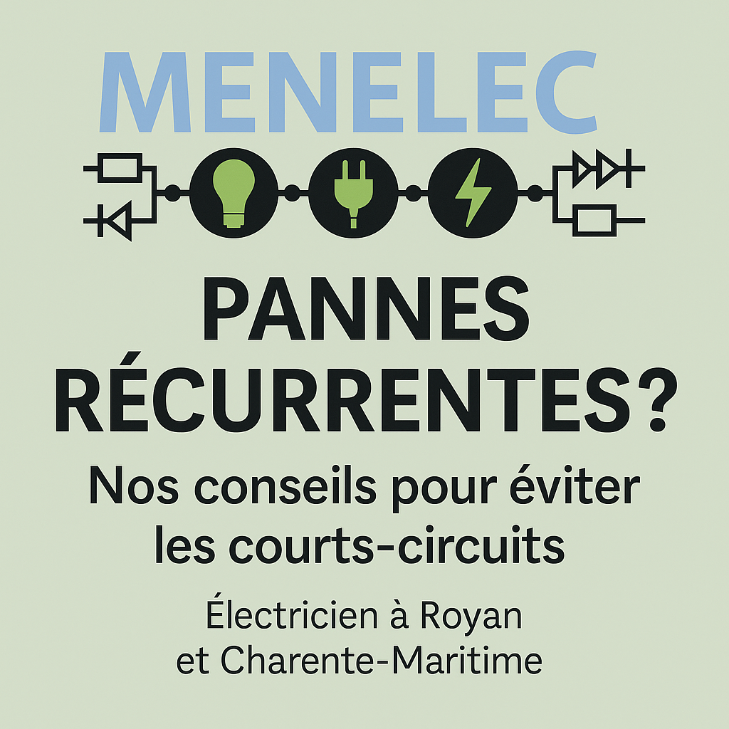 Visuel MENELEC17 présentant le message “Pannes récurrentes ? Nos conseils pour éviter les courts-circuits”, avec logo et symboles électriques sur fond vert.